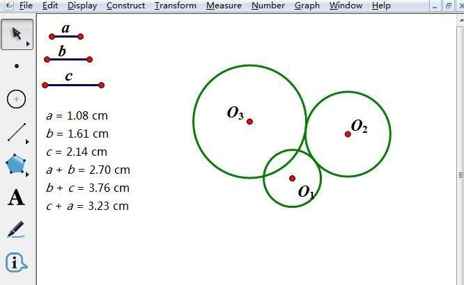 以o2为圆心,b c为半径作圆,此二圆的任一个交点记作o3(至此,三个圆心