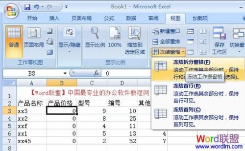 Excel2007冻结窗口,表格中如何