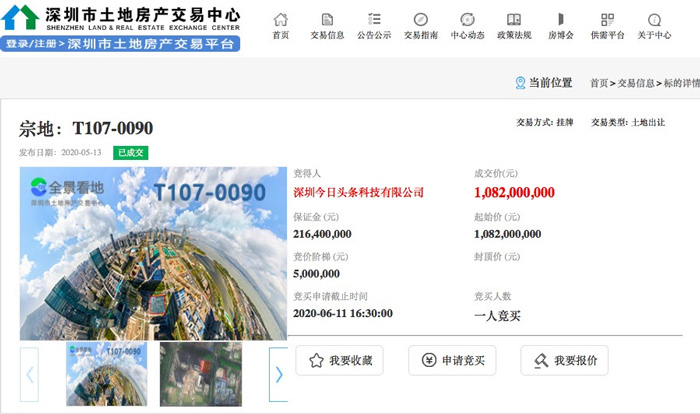 今日头条拿下深圳“中国最牛街道”土地：总价10.82 亿元 每平1.7万