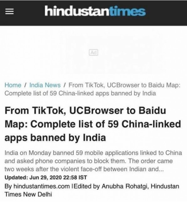 外媒：印度宣布禁用59款中国应用 包括TikTok和微信微博