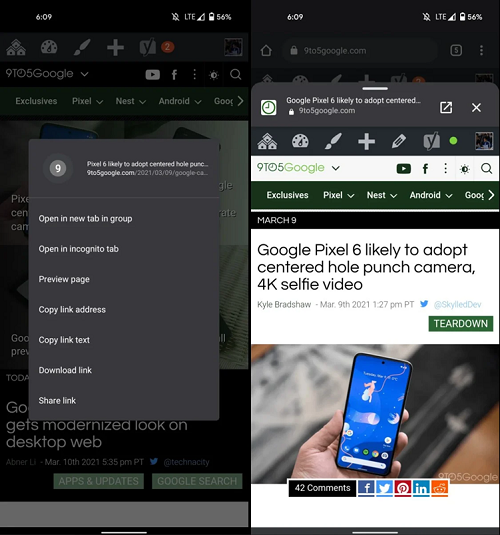 Android版Chrome浏览器获得了链接预览功能，与Safari浏览器提供的效果相同