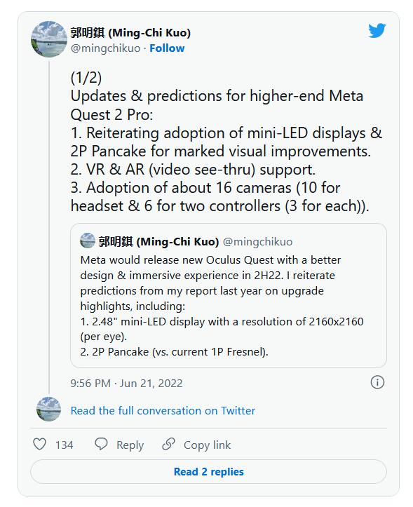 郭明錤：Meta 的Quest 2 Pro会比苹果AR设备更便宜