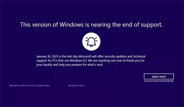 微软在Windows 8.1上启动蓝屏提醒：该版本即将结束支持请用户升级