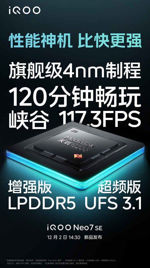 iQOO Neo7 SE首发天玑8200处理器，配备增强版LPDDR5和超频版UFS3.1，性能神机 比快更强