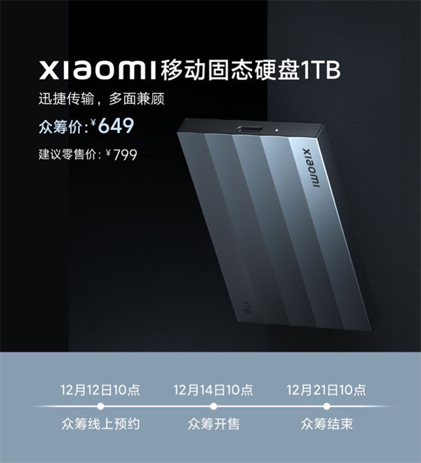 小米移动固态硬盘 1TB12 月 14 日在小米商城开启众筹，众筹价 649 元