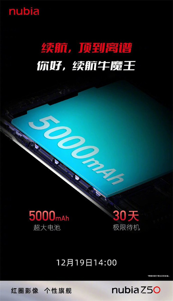 努比亚 Z50 预热：5000mAh 大电池，极限待机长达 30 天，续航高达 35.52 小时