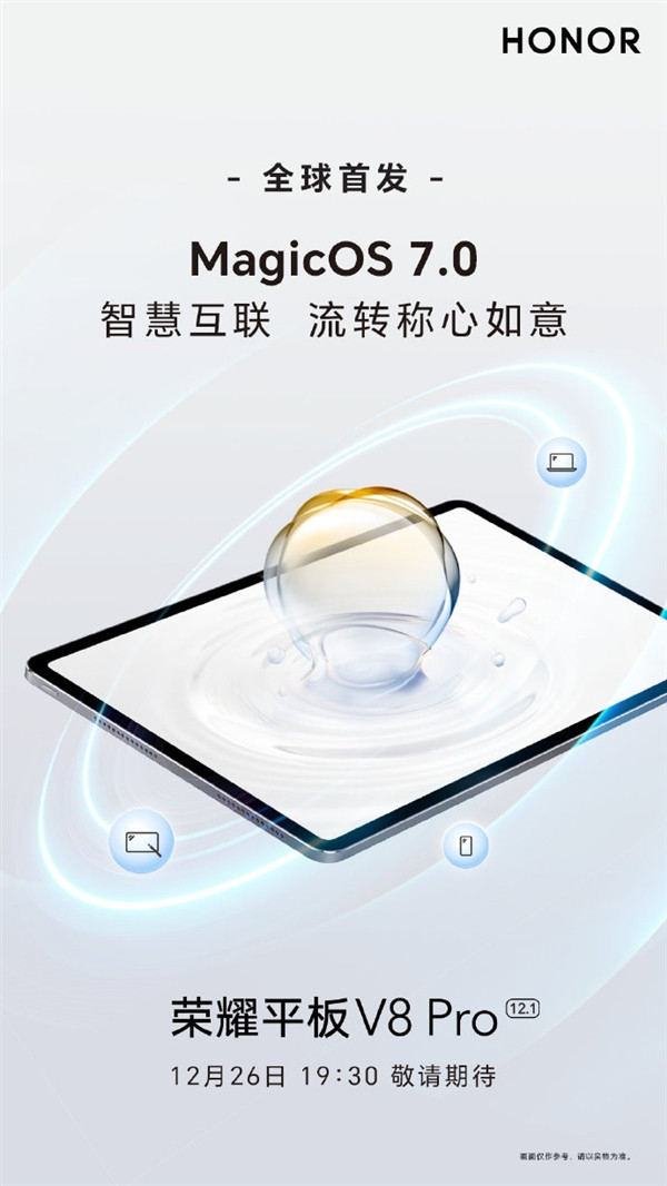 全球首款MagicOS 7.0旗舰平板荣耀平板V8 Pro，12月26日发布
