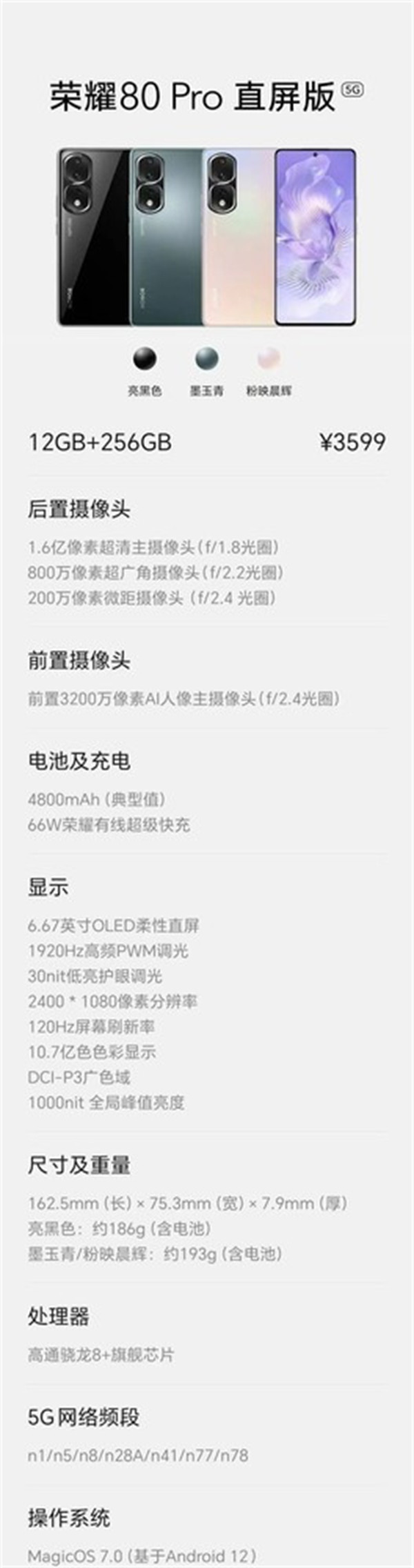 荣耀推出 80 Pro 直屏版1 月 6 日开售：1.6 亿像素超清影像+骁龙 8+ Gen 1