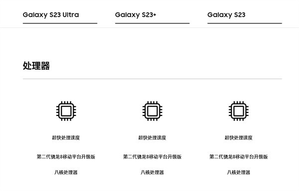 三星 Galaxy S23系列，全系搭载三星独家定制的第二代骁龙 8 移动平台（for Galaxy）