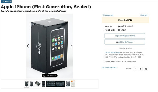 又有一台未拆封的初代 iPhone 正在拍卖中，此前一台已拍出 6.3 万美元