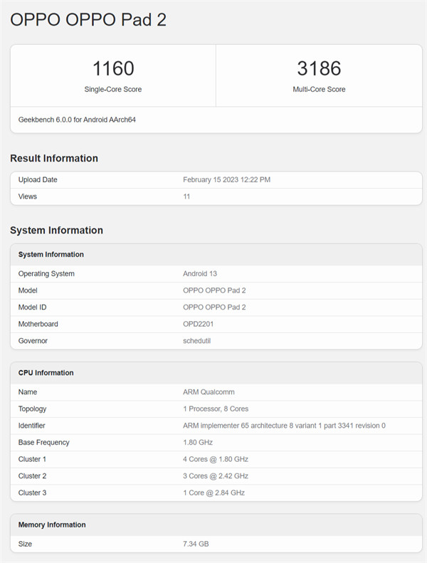 OPPO Pad 2 平板电脑现身 Geekbench：搭载高通骁龙芯片