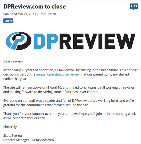 数码相机权威网站 Dpreview 宣布即将关停， 4 月 10 日后便不再更新