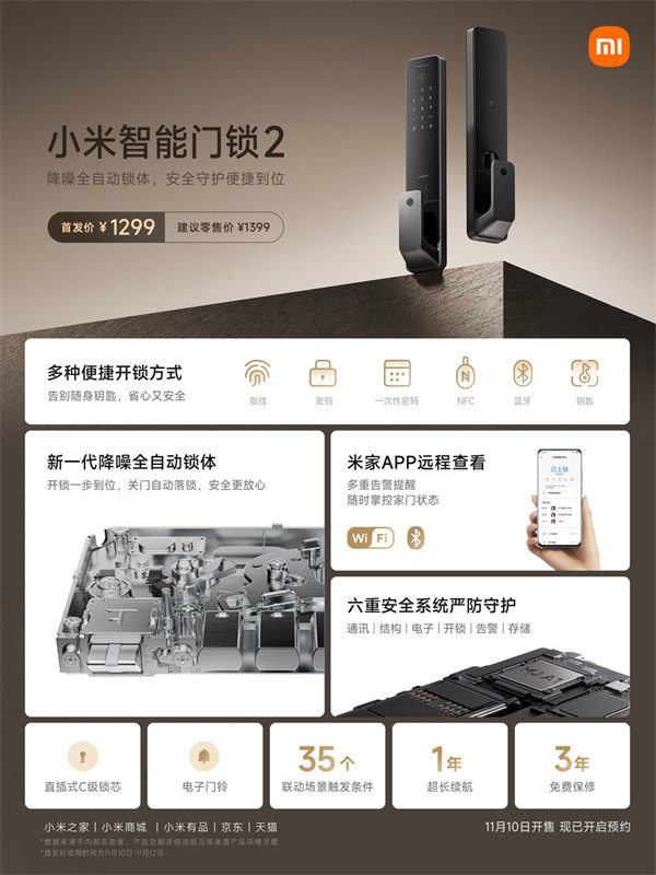 小米上架了小米智能门锁 2，首发价 1299 元