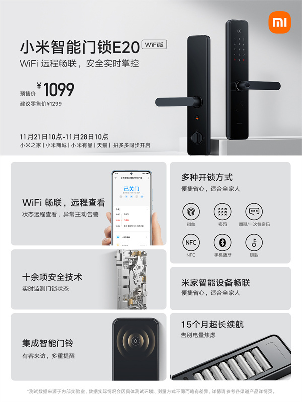 小米智能门锁 E20 WiFi 版开售，首发价 1099 元