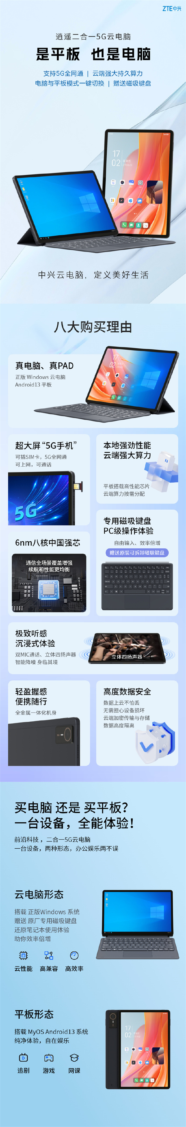 中兴二合一 5G 云电脑“逍遥”系列开售