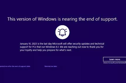 微软在Windows 8.1上启动蓝屏提醒：该版本即将结束支持请用户升级