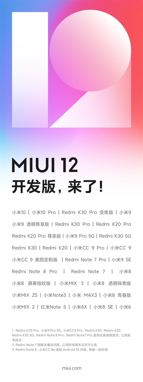 MIUI 12开发版推送：支持32款机型