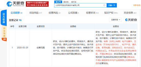 北京字节跳动发生工商变更：经营范围新增销售家用电器
