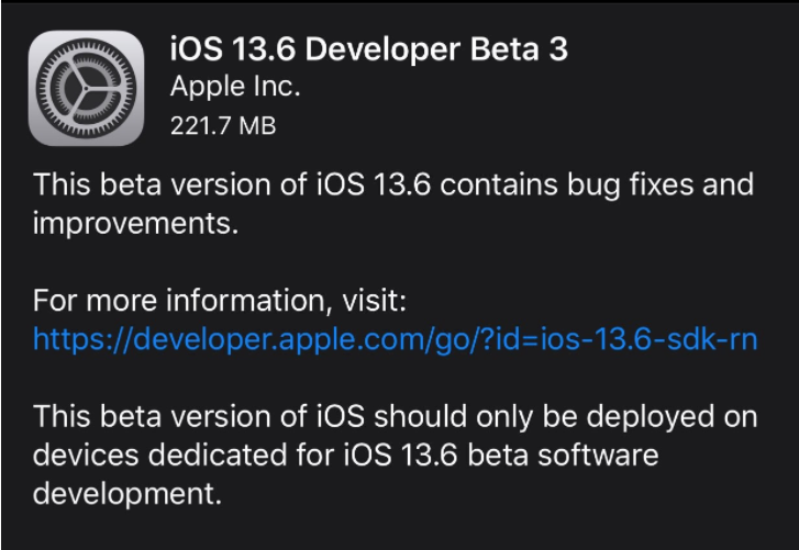 苹果 iOS 13.6/iPadOS 13.6 开发者预览 / 公测版 Beta 3 推送