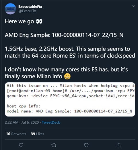 AMD 7nm+ Zen 3 米兰 EPYC 处理器首曝：动态加速频率 2.2GHz