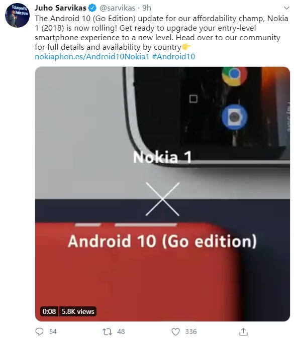 HMD Global 官宣！诺基亚 1 获 Android 10 正式版更新