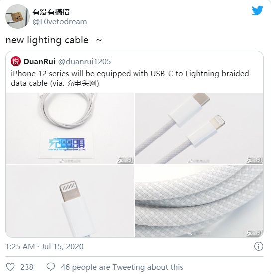 苹果 iPhone 12/Pro 标配 USB-C to Lightning 快充编织线缆曝光