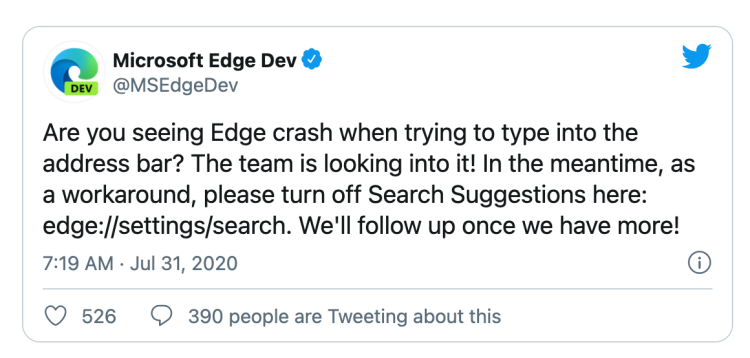 把Google设置为默认搜索引擎会导致微软Edge浏览器崩溃