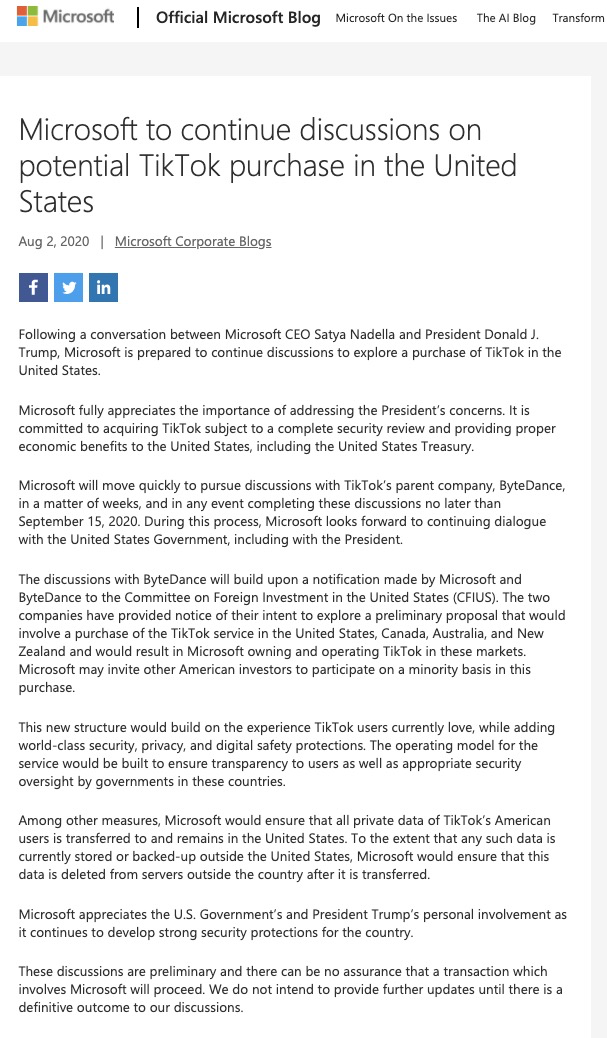 突发：微软重启收购TikTok讨论，最晚9月中决定