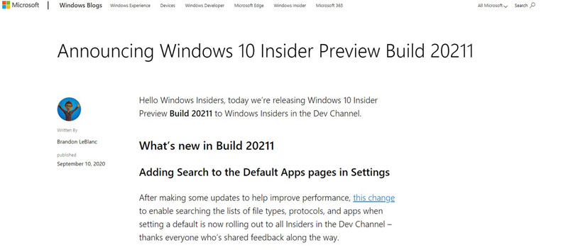 微软发布Win 10 Insider Preview Build 20211