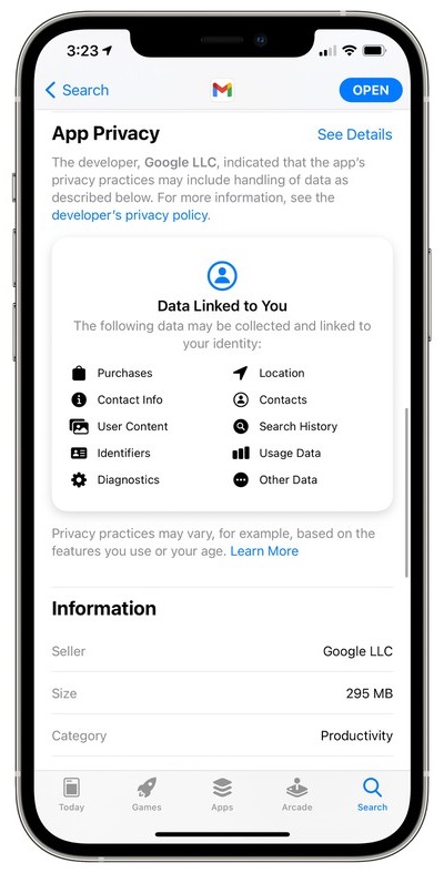 向苹果妥协，谷歌为两月未更新的 Gmail 应用添加 App 隐私标签