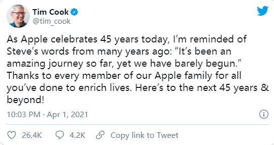 库克纪念苹果成立45周年：这是一段了不起的旅程 但才刚刚开始