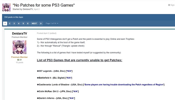 PS3 主机部分游戏已无法下载游戏更新补丁