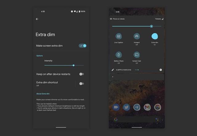 夜晚玩手机利器：Android 12 新增“额外暗淡”功能