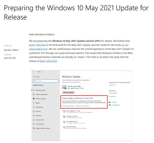 微软正式将 Win10 21H1 版本命名为 2021 年 5 月更新