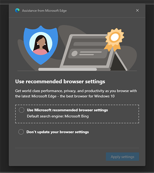 微软使用弹窗建议用户将Edge浏览器和Bing搜索作为默认选项