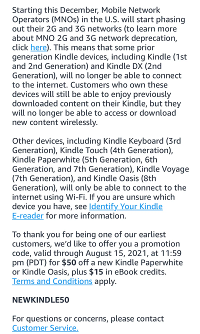 亚马逊旧款Kindle将于12月起无法访问移动互联网