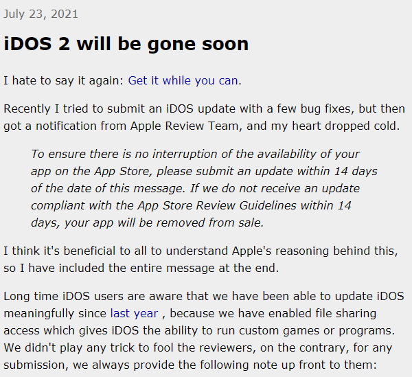 苹果App Store再次下架iDOS 2模拟器：违反商店准则