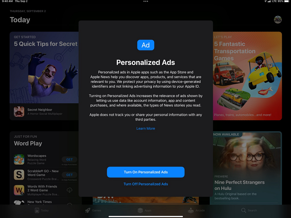 iOS15新增提示，将会询问用户是否要在第一方应用中使用个性化广告