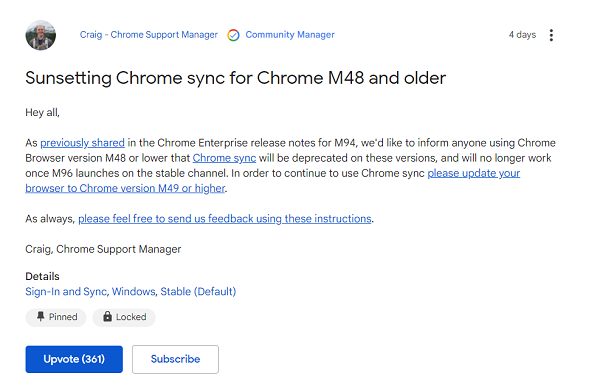 Google宣布：对Chrome 48及更早版本停止同步功能支持