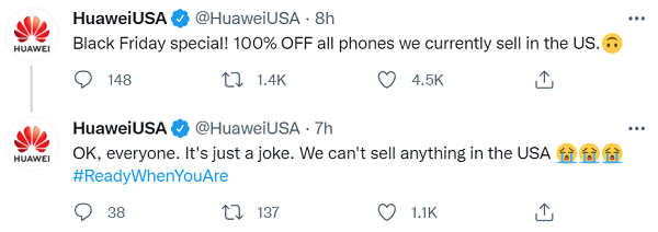 “黑五”将至，华为官方“开玩笑”：所有美国在售手机享100%折扣