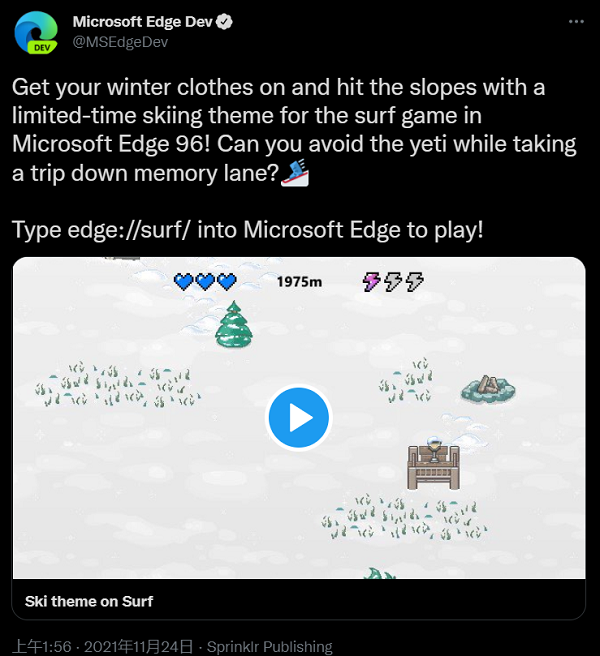 微软 edge “冲浪小游戏”更新，限时体验“滑雪”主题