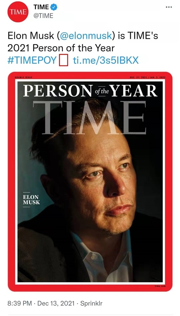 马斯克被时代杂志评为2021年风云人物封面，最具争议人物