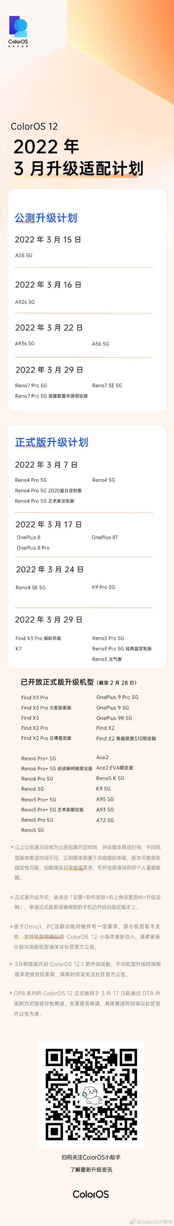 2022年3月ColorOS12升级适配计划公布，包括公测和正式两个版本