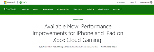 微软：已为iOS设备上的Xbox云游戏显著提升性能