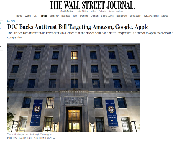 美司法部针对亚马逊、谷歌和苹果公司推出反垄断法案