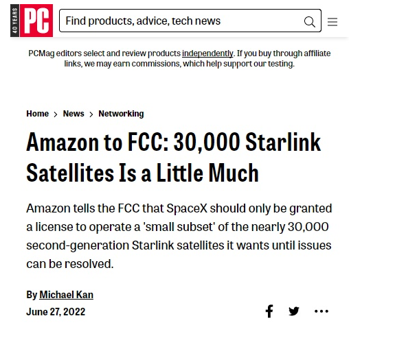 竞争对手亚马逊致函FCC，称SpaceX部署3万颗第二代星链过多