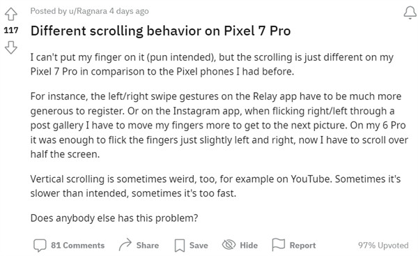 谷歌 Pixel 7 Pro 又出问题，用户吐槽屏幕滑动时不顺畅，打字经常键盘失灵
