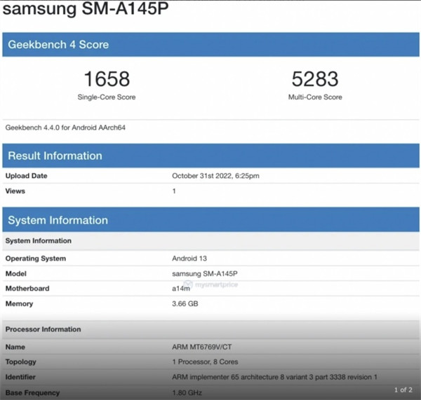 三星 Galaxy A14 4G出现在基准测试平台：搭载联发科 Helio G80 芯片，搭配 4GB 内存