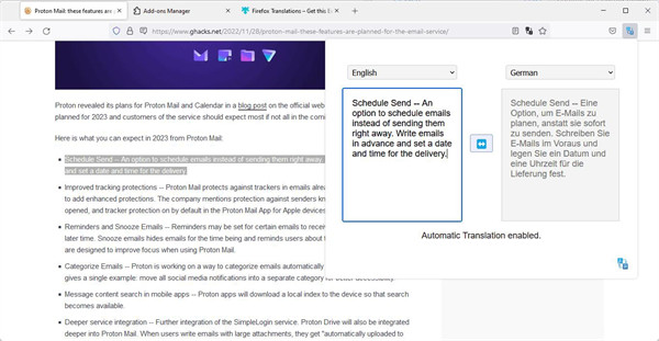火狐浏览器 Firefox 翻译扩展程序 -- Firefox Translations 1.2 于今天放出，支持自由文本翻译