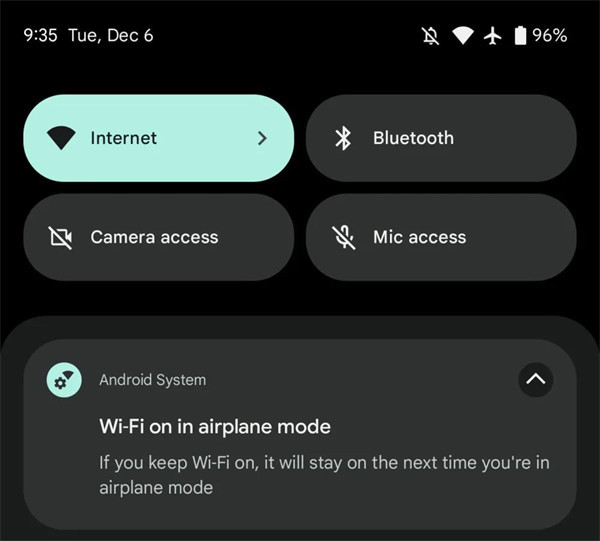 谷歌 Pixel 手机版本更新中，启用飞行模式之后还支持启用 Wi-Fi 功能